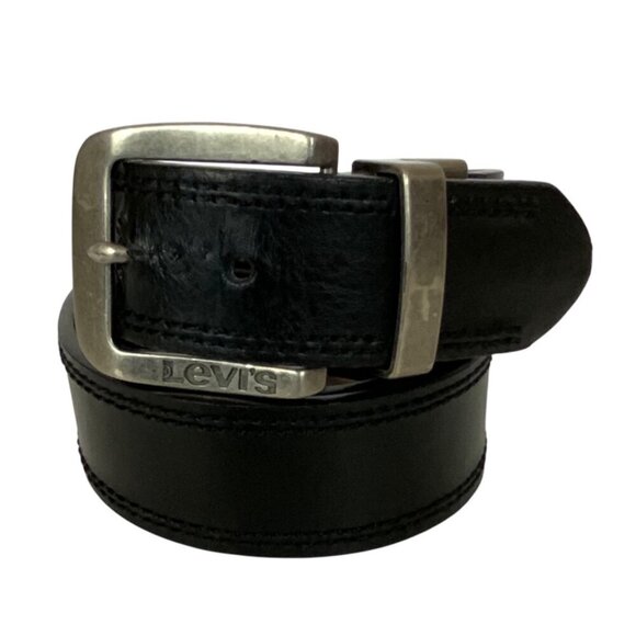 Levis Mens Black Synthetic Leather Belt With Silver Buckle Size 30-32 Taiwan - Picture 1 of 4
